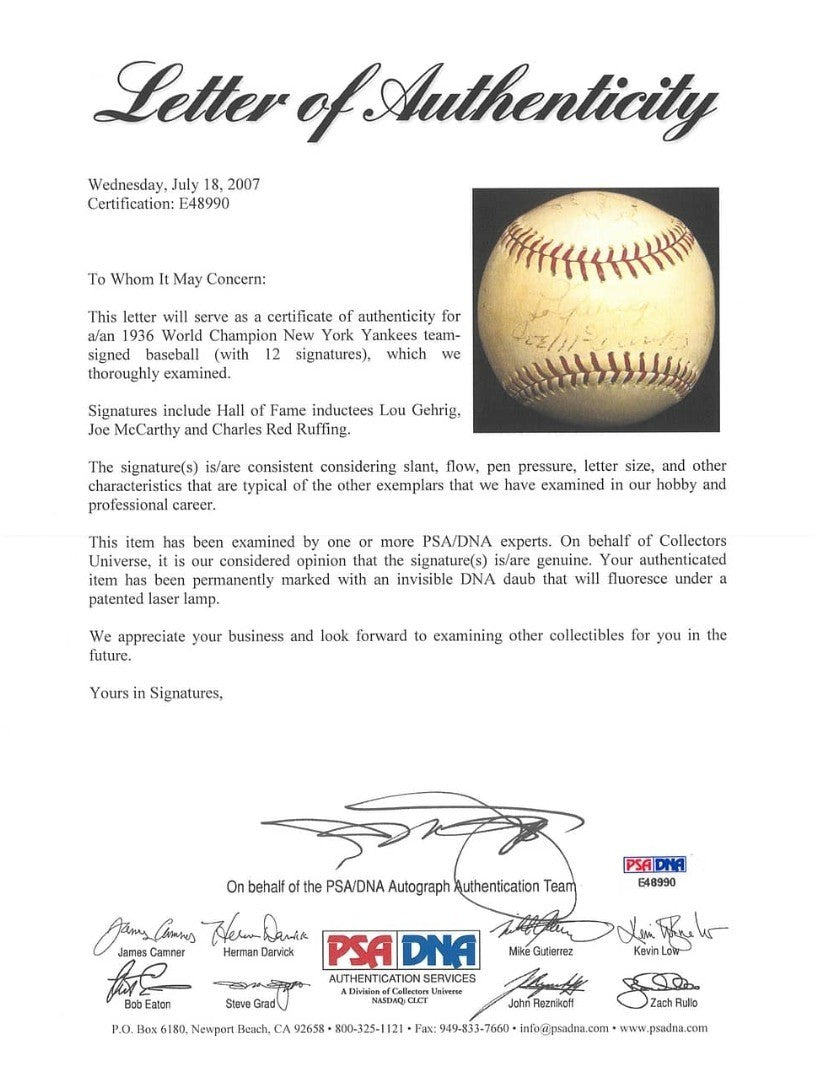 1938 WS Champion NY Yankees Signed OAL Baseball Gehrig Ruffing PSA PSA/DNA6