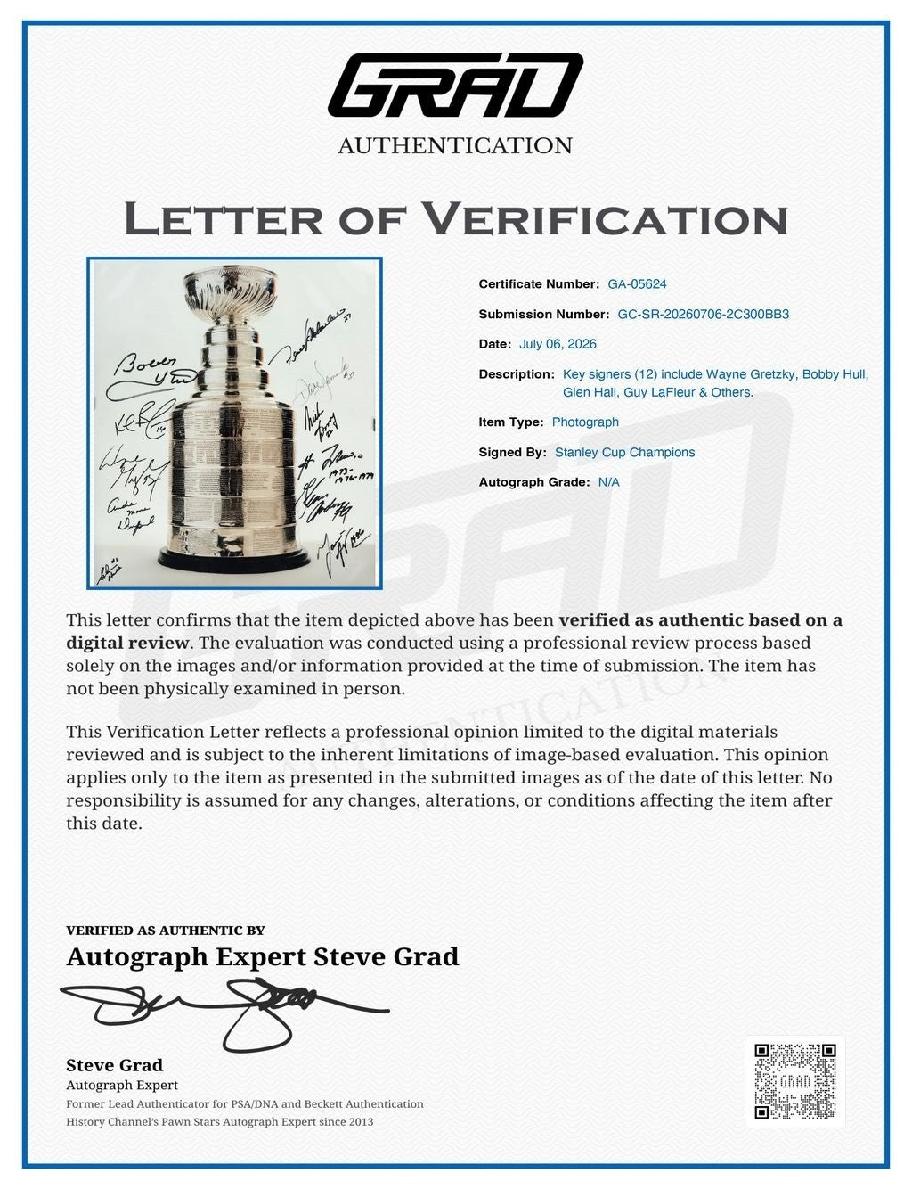 Wayne Gretzky Hull Lafleur Bossy Signed Auto Stanley Cup 11x14 Photo GRAD1