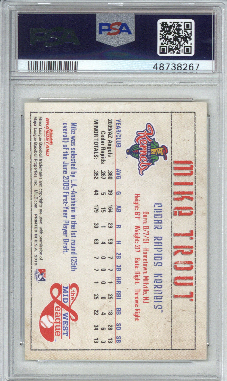 Mike Trout Auto Signed 2010 Grandstand RC PSA 1