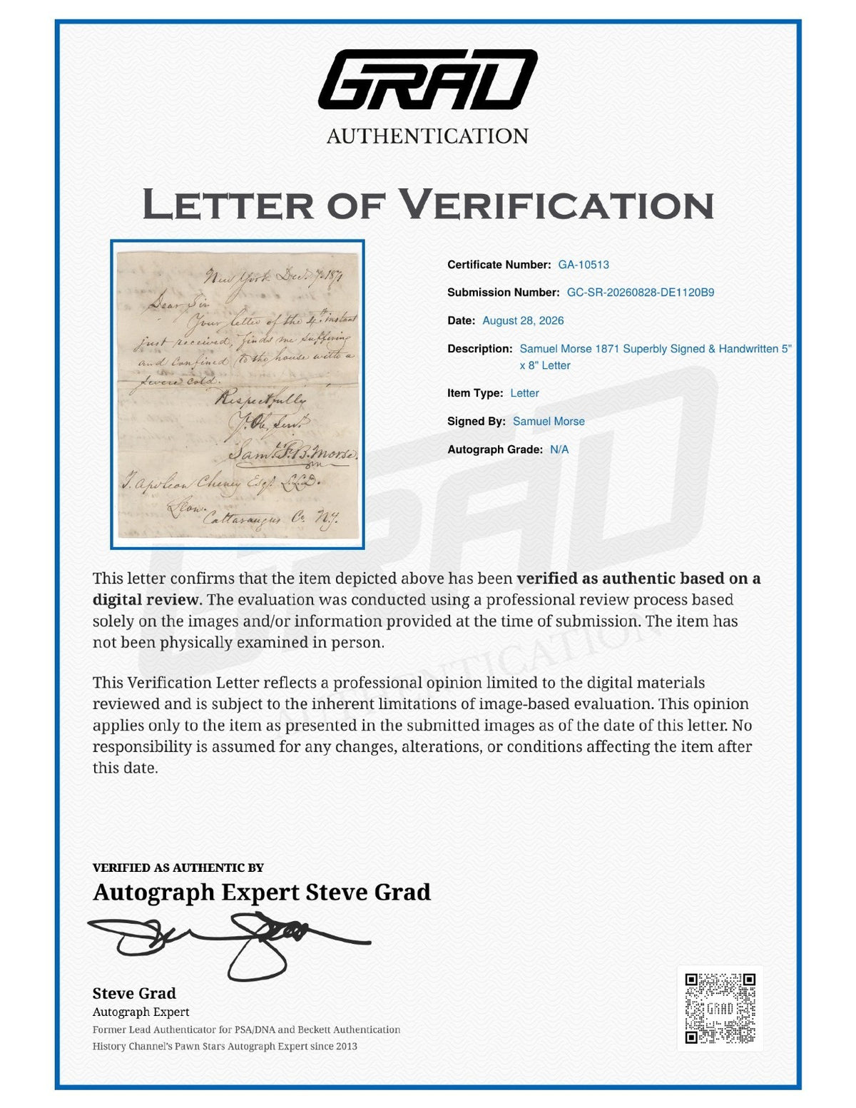 Samuel Morse Signed Auto Handwritten 1871 5x8 Letter Telegraph Grad LOA1