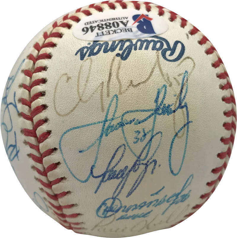 2000 NY Yankees Team Signed Autographed OML Baseball Jeter Rivera Beckett BAS 3