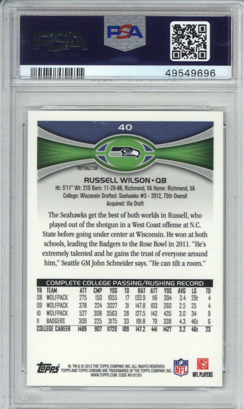 2012 Topps Chrome 40 Russell Wilson Stands Xfractor PSA 91