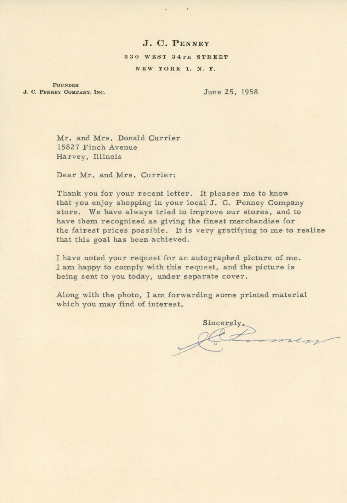 JC Penney Signed Auto 7x9 June 1958 Letter Vintage Founder Grad LOA0