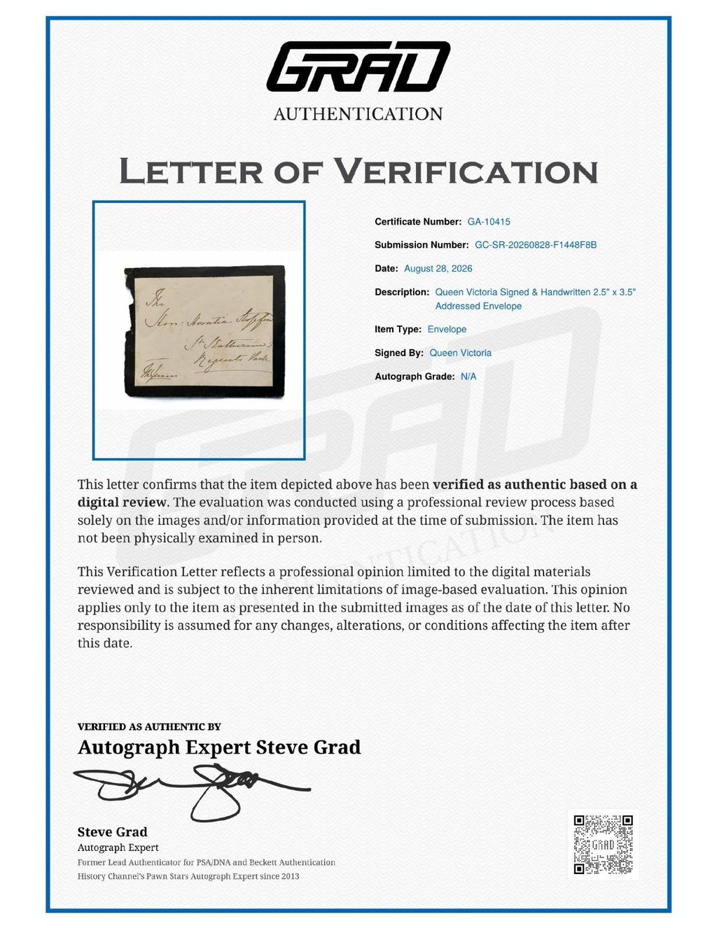 Queen Victoria Signed Auto Handwritten 2.5x3.5 Addressed Envelope Grad LOA1