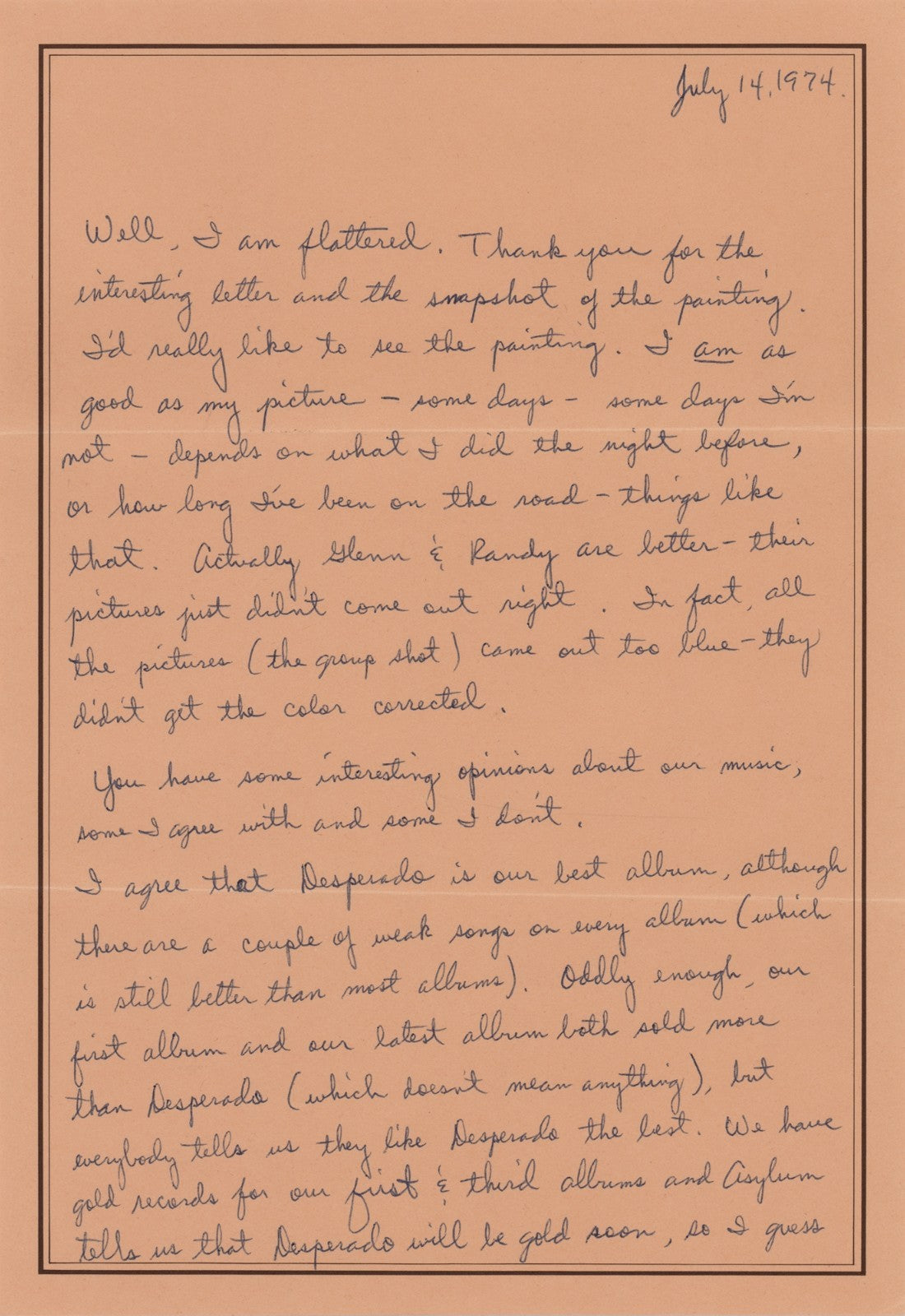 Don Henley Signed 1974 5 Page Handwritten Letter Eagles Band Origin GRAD Auth1