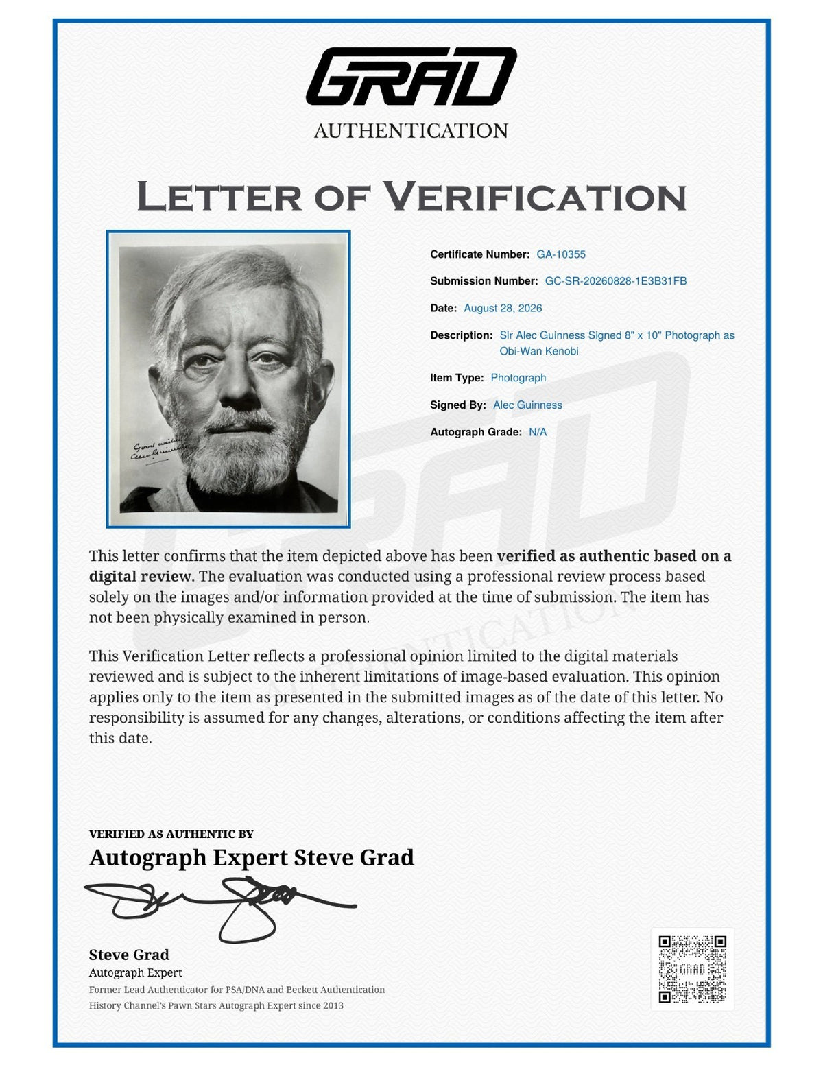 Alec Guinness Signed Auto 8x10 Obi Wan Kenobi Photograph Star Wars Grad Auth1