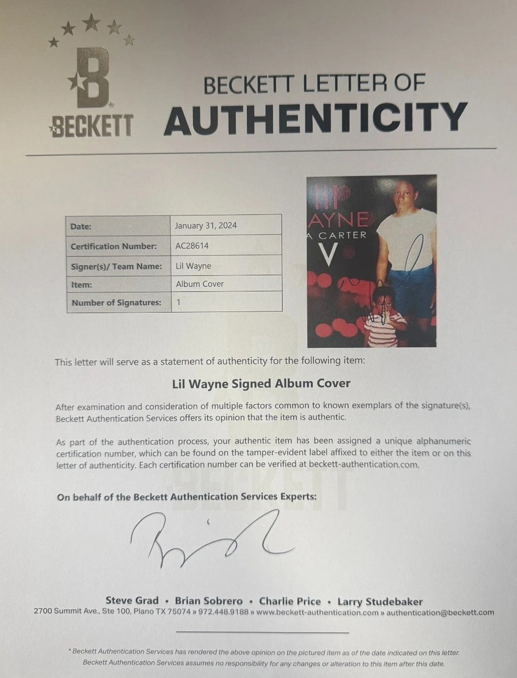 Lil Wayne Signed Auto Tha Carter V Album Beckett BAS2