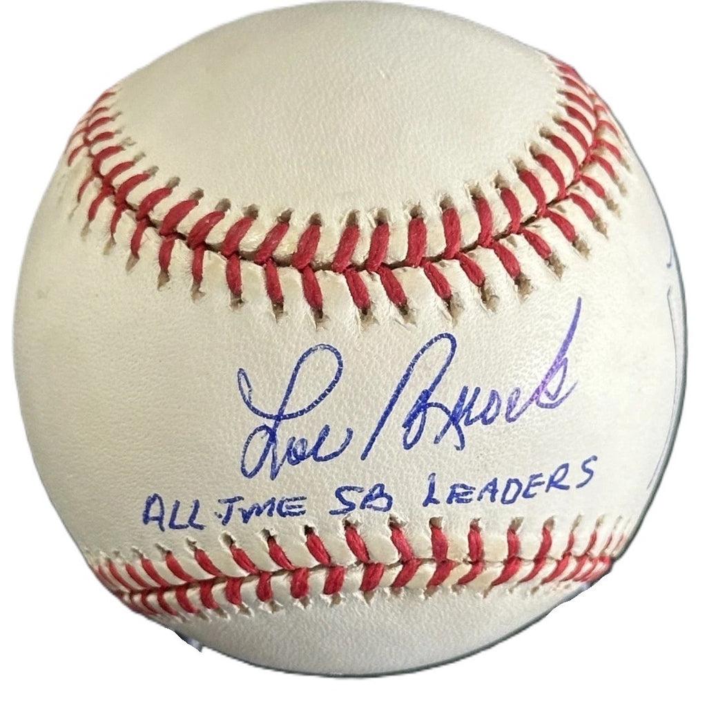 Rickey Henderson Lou Brock Signed Auto All Time Stolen Base Leaders ONL Ball JSA0