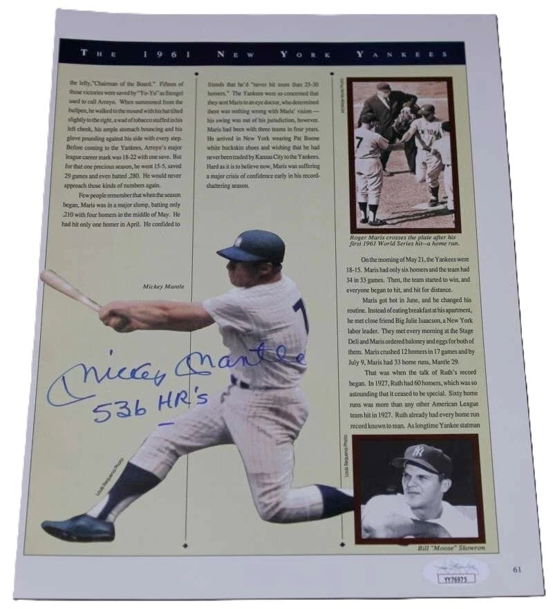 Mickey Mantle Signed Auto 1961 Yankees 8x10 Photo 536 HRs Inscribed JSA0
