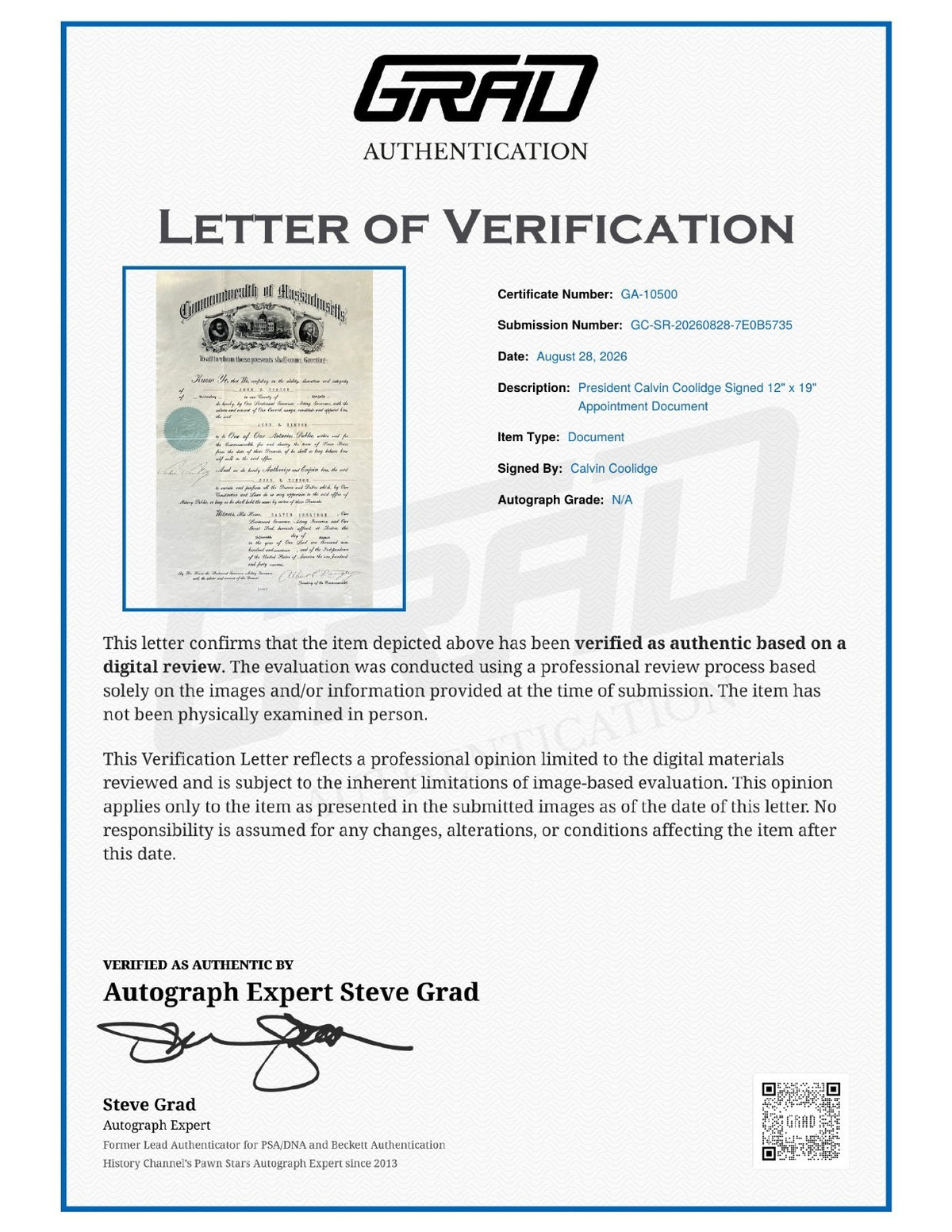 Calvin Coolidge Signed Auto 12x19 Appointment Document President Grad LOA3