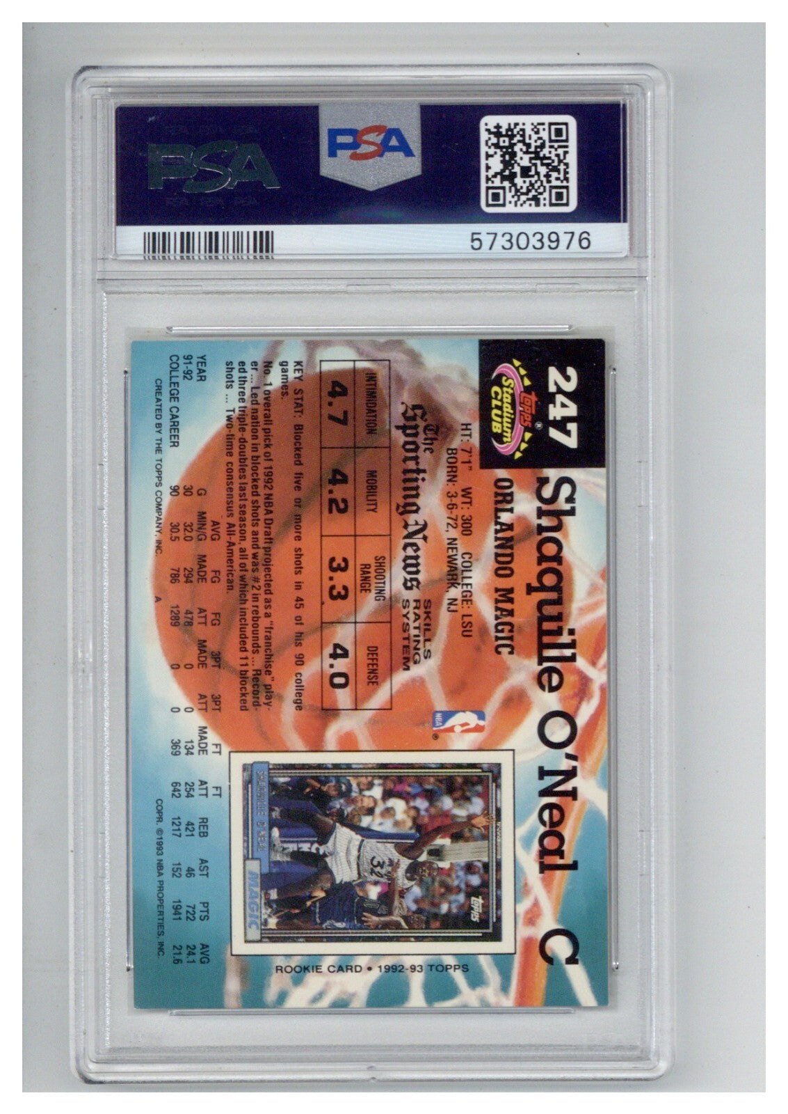 1992 Stadium Club 247 Shaquille O'Neal PSA 71
