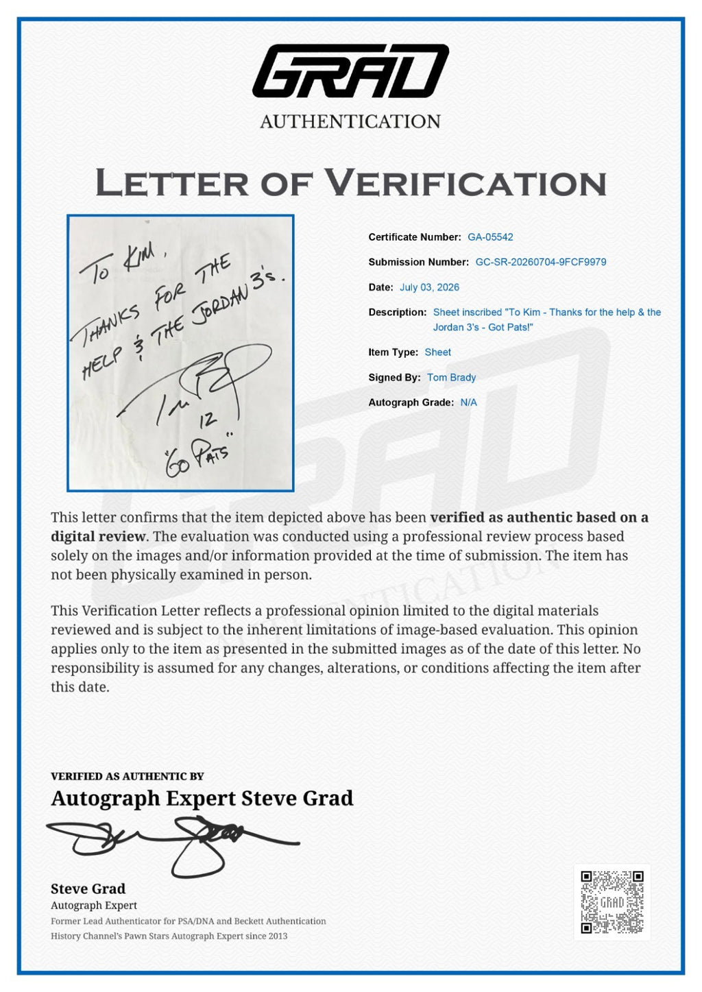 Tom Brady Signed Auto c.2002 Handwritten Note Thanks for the Help Jordan 3s GRAD1