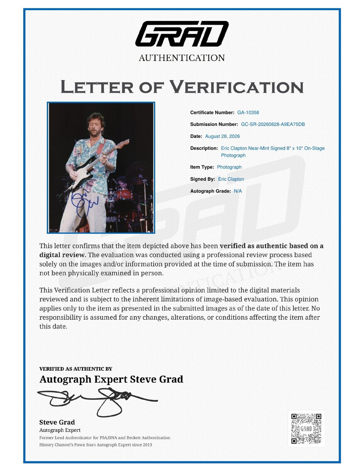 Eric Clapton Signed Auto 8x10 On Stage Photograph Near Mint Grad LOA1