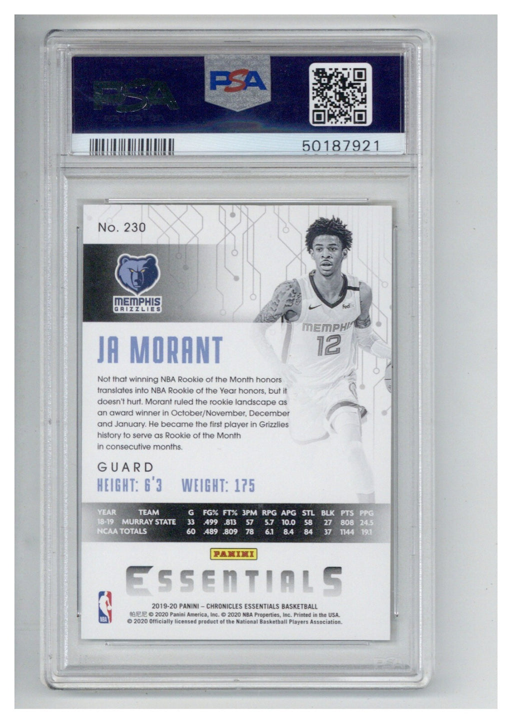 2019 Panini Chronicles Ja Morant 230 PSA 91