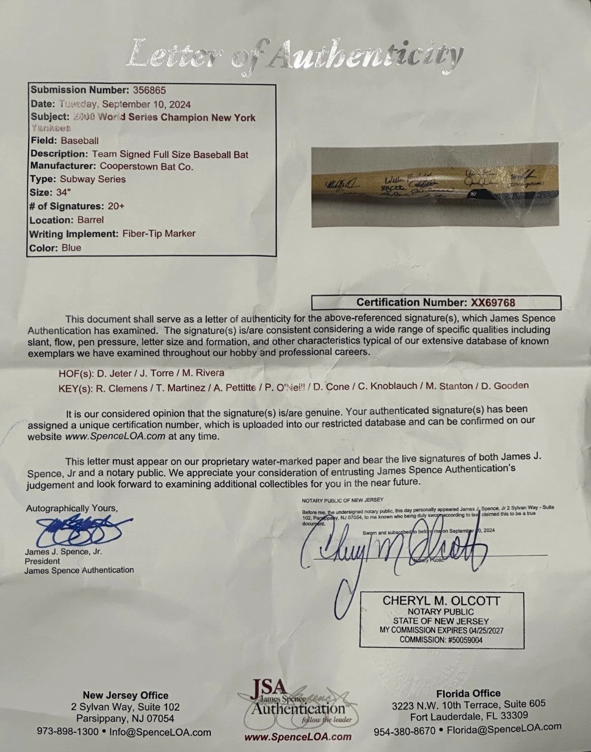 2000 New York Yankees Team Signed Auto World Series Champs Baseball Bat 20+ Sigs6