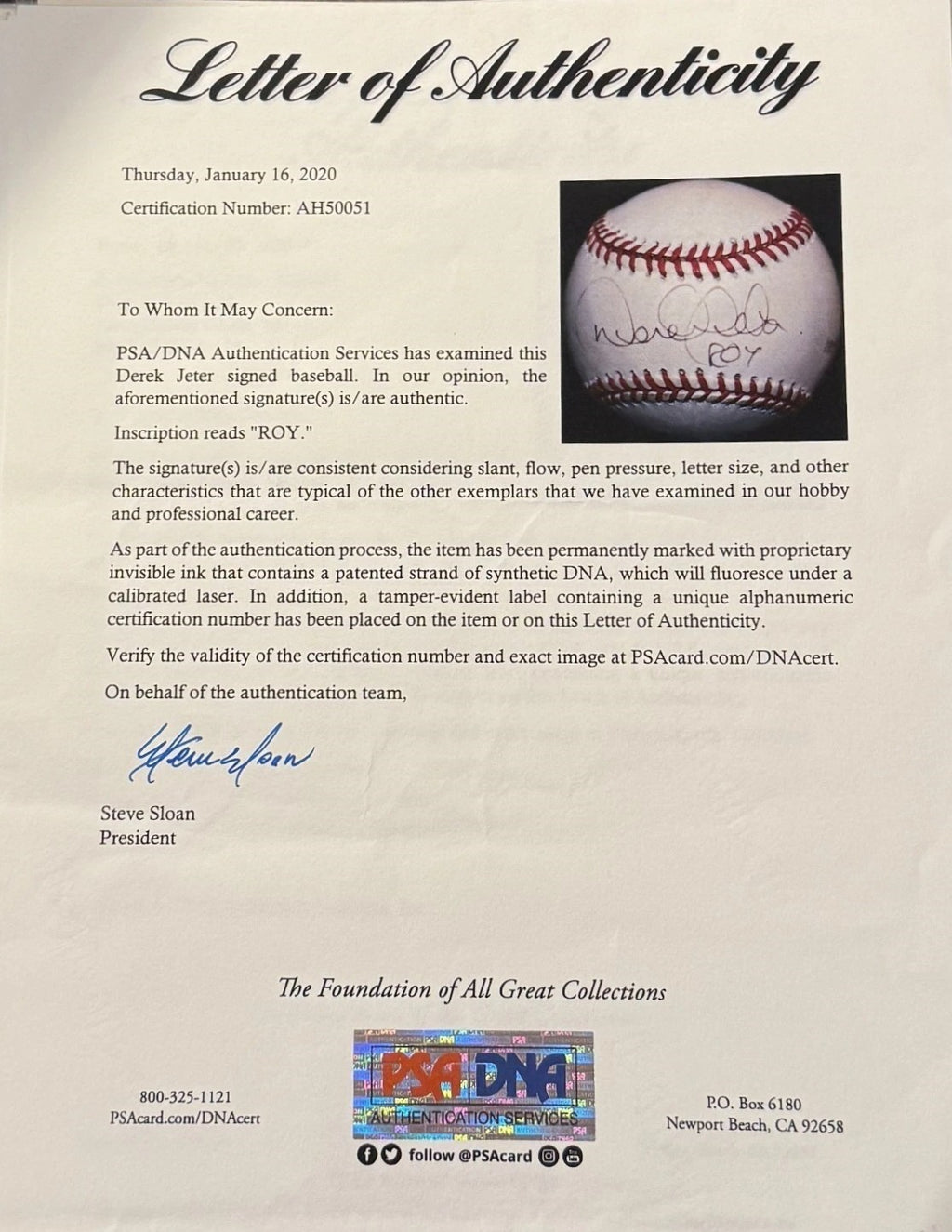 Derek Jeter Rookie Signed OAL Baseball ROY Inscription PSA PSA/DNA LOA2
