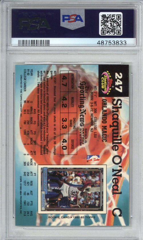 1992 Stadium Club 247 Shaquille O'Neal PSA 8.51