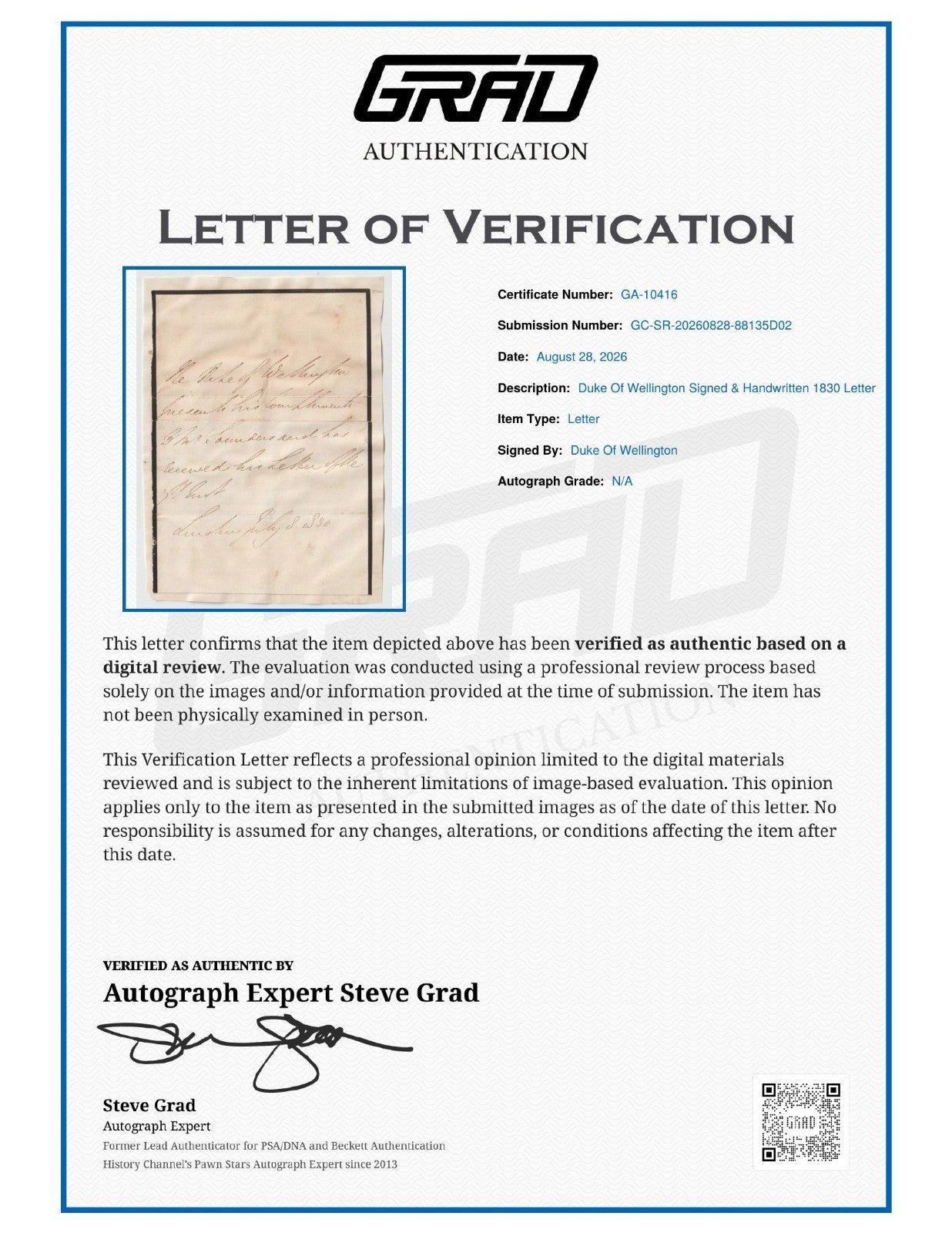 Duke of Wellington Signed Auto Handwritten 1830 Letter Grad LOA1