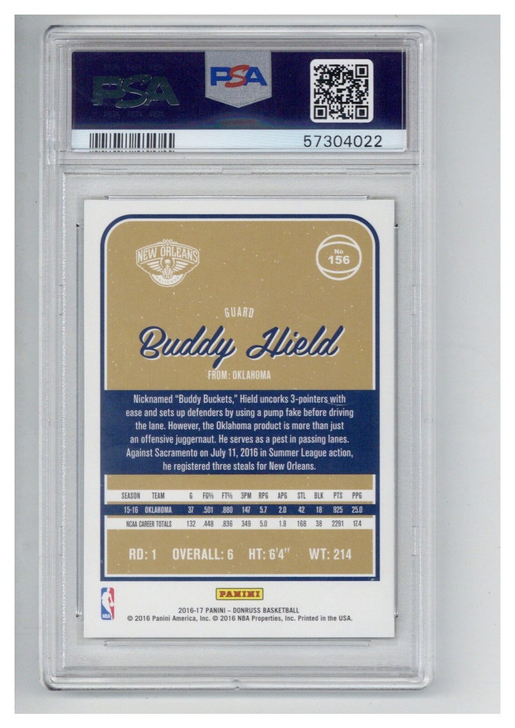 2016 Panini Donruss 156 Buddy Hield PSA 91