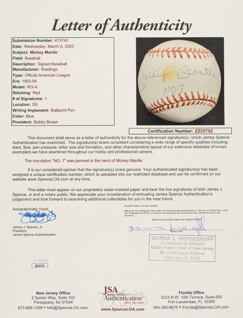 Mickey Mantle Signed OAL Baseball No 7 Yankees HOF UDA Upper Deck JSA LOA2