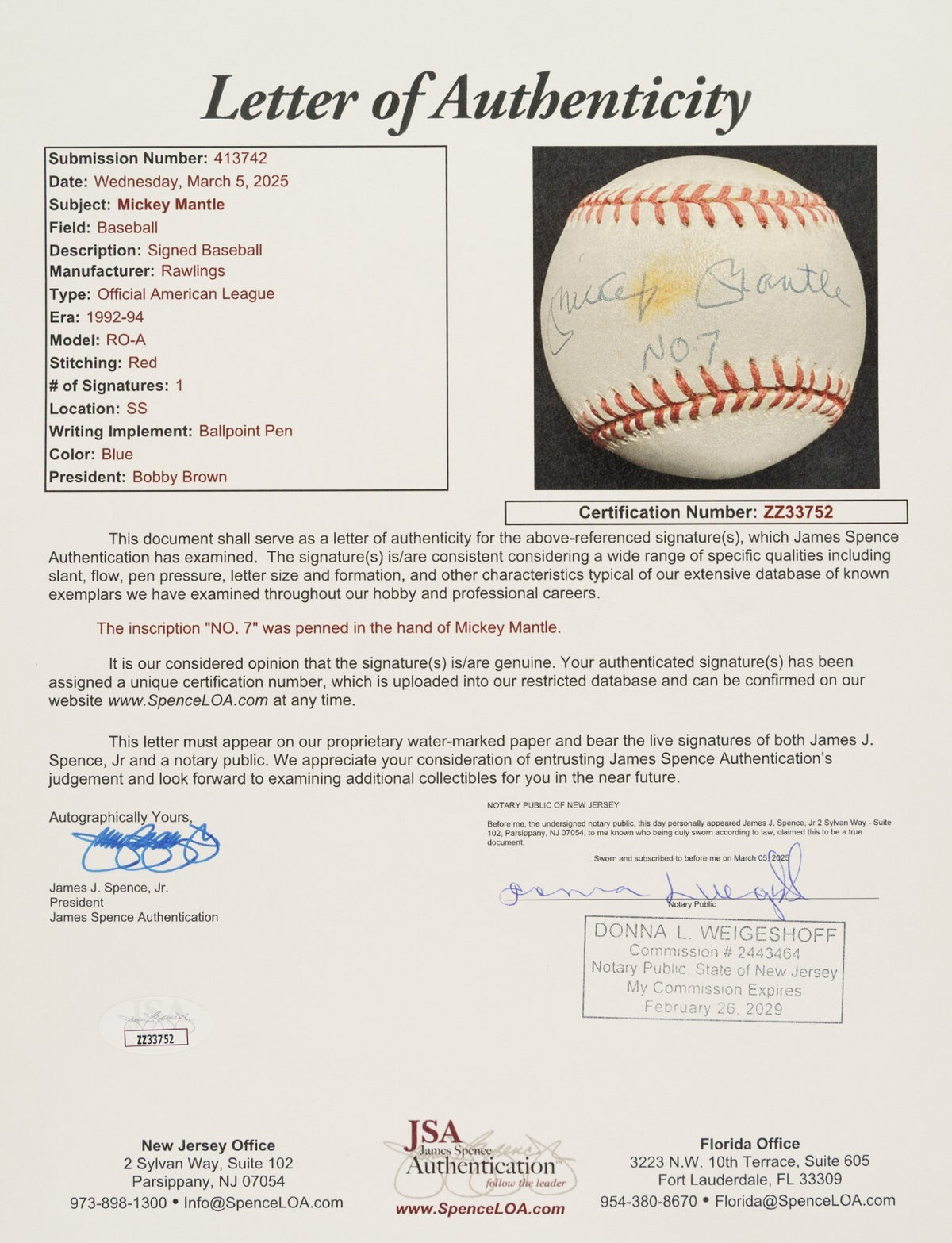 Mickey Mantle Signed OAL Baseball No 7 Yankees HOF UDA Upper Deck JSA LOA2