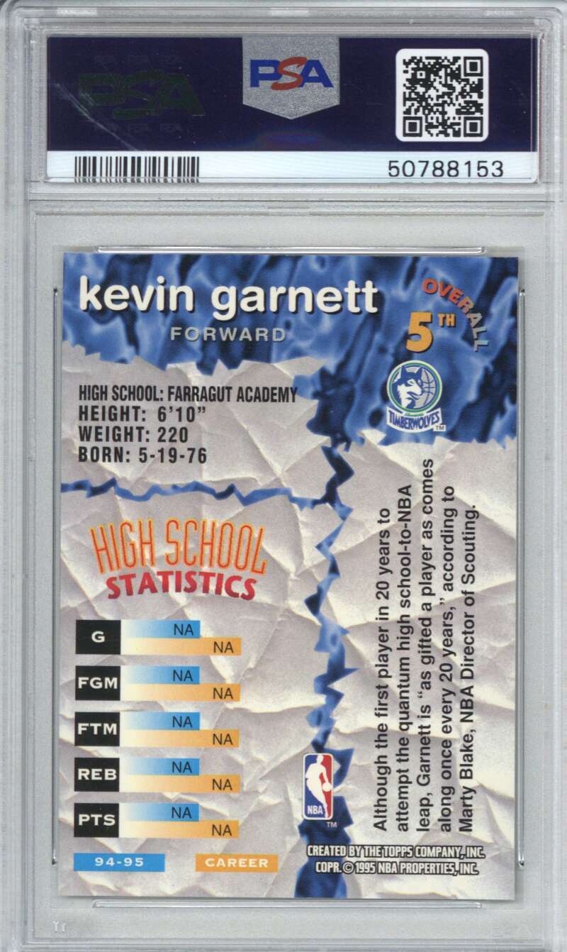 1995 Stadium Club 5 Kevin Garnett Draft Picks PSA 8 1