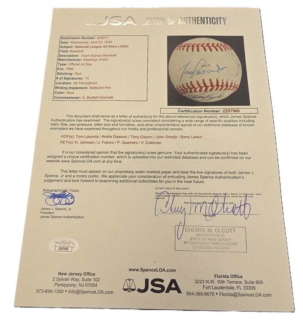 1989 NL All Star Team Signed Auto Baseball Gwynn Larkin Smoltz Dawson JSA6