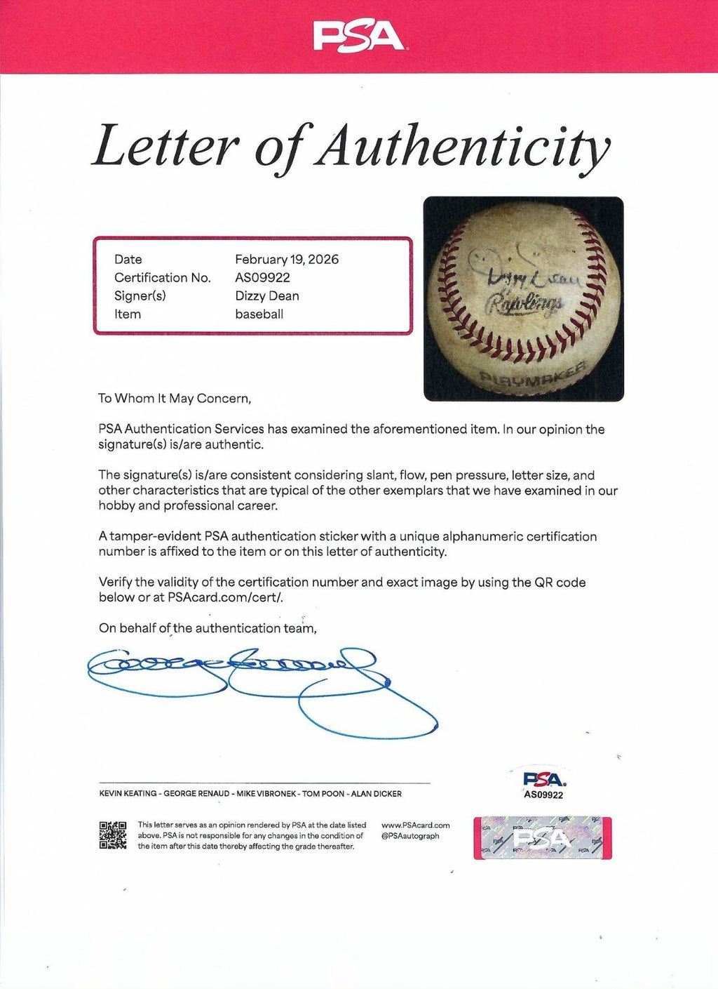 Dizzy Dean Single Signed Baseball PSA/DNA LOA2