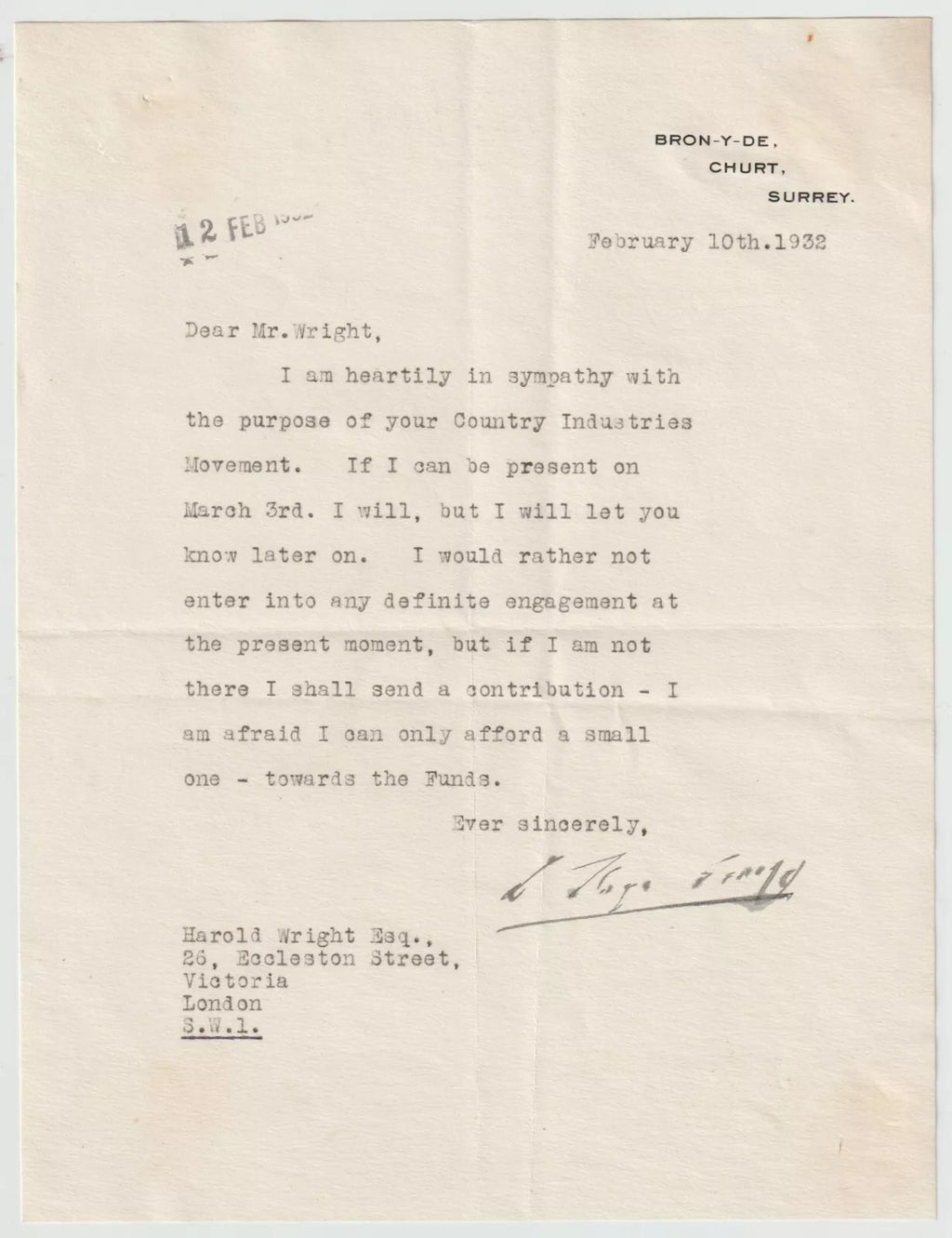 David Lloyd George Signed Auto 1932 Typed 7x9 Letter Prime Minister Grad LOA0
