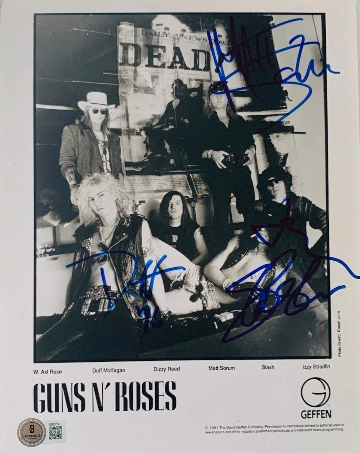 Guns N Roses Group Signed Auto 8x10 Geffen Promotional Photograph Beckett BAS0