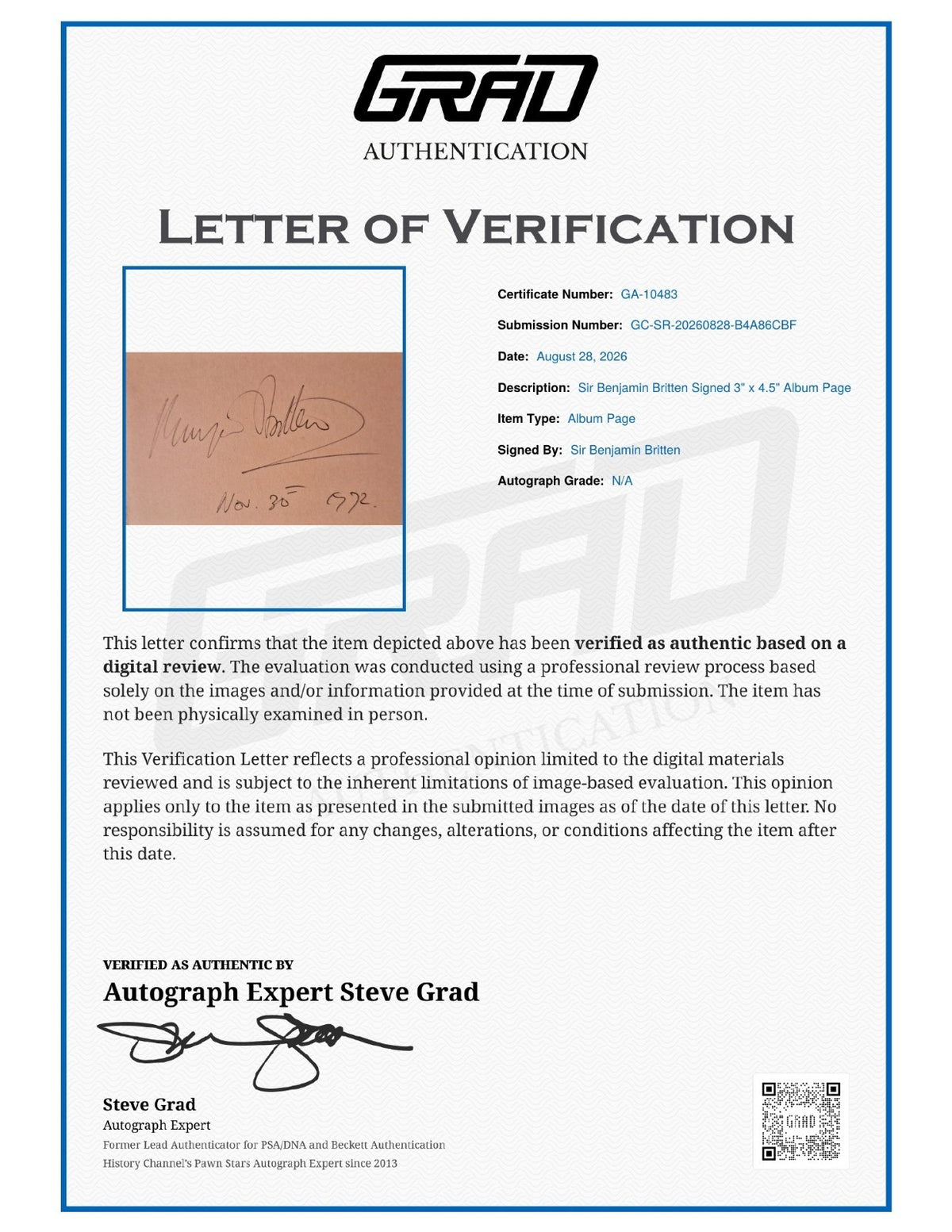 Benjamin Britten Signed Auto 3x4.5 Album Page Composer Grad LOA1