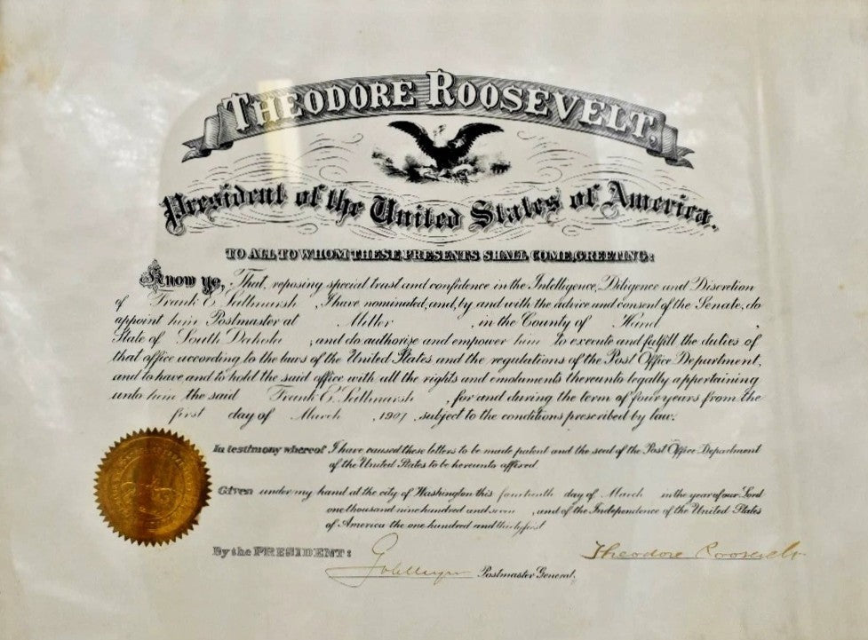 President Theodore Roosevelt Signed Auto 1907 Postmaster Appointment GRAD0