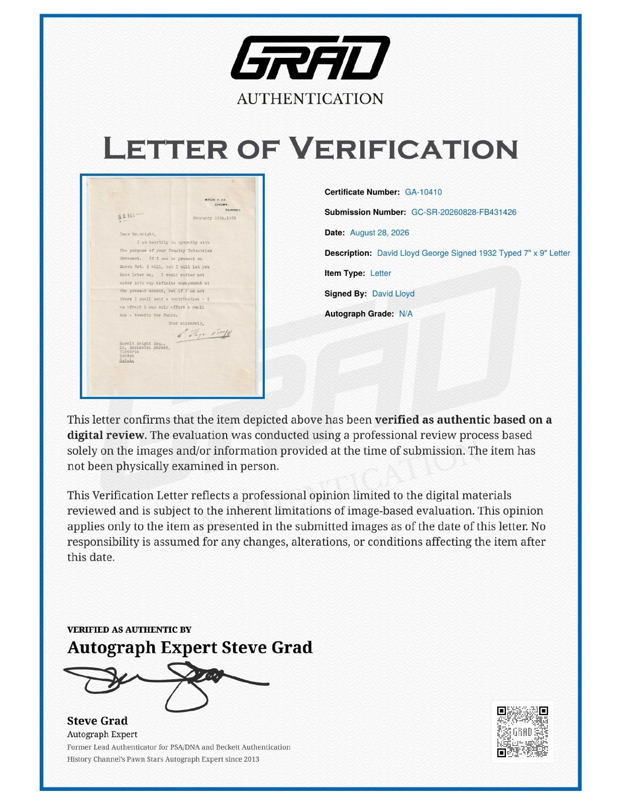 David Lloyd George Signed Auto 1932 Typed 7x9 Letter Prime Minister Grad LOA1