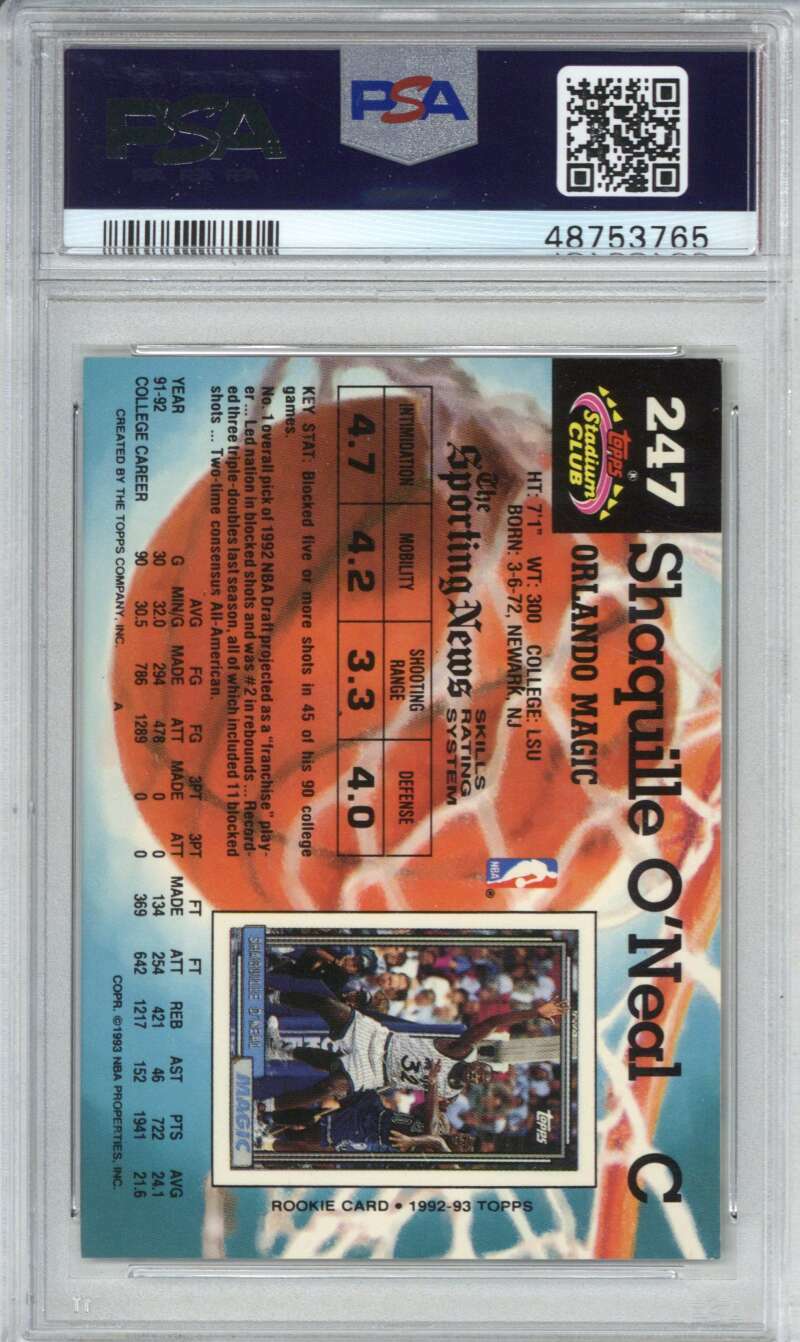 1992 Stadium Club 247 Shaquille O'Neal PSA 81