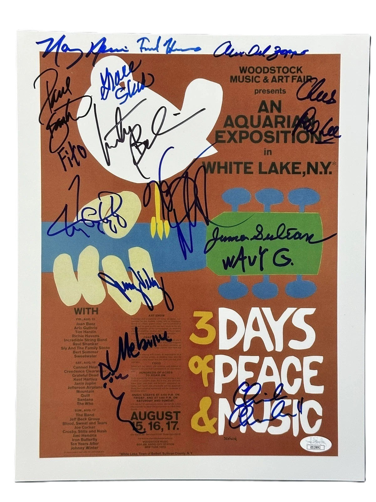 Woodstock Signed Auto 11x17 Poster Grace Slick Country Joe Wavy Gravy JSA0