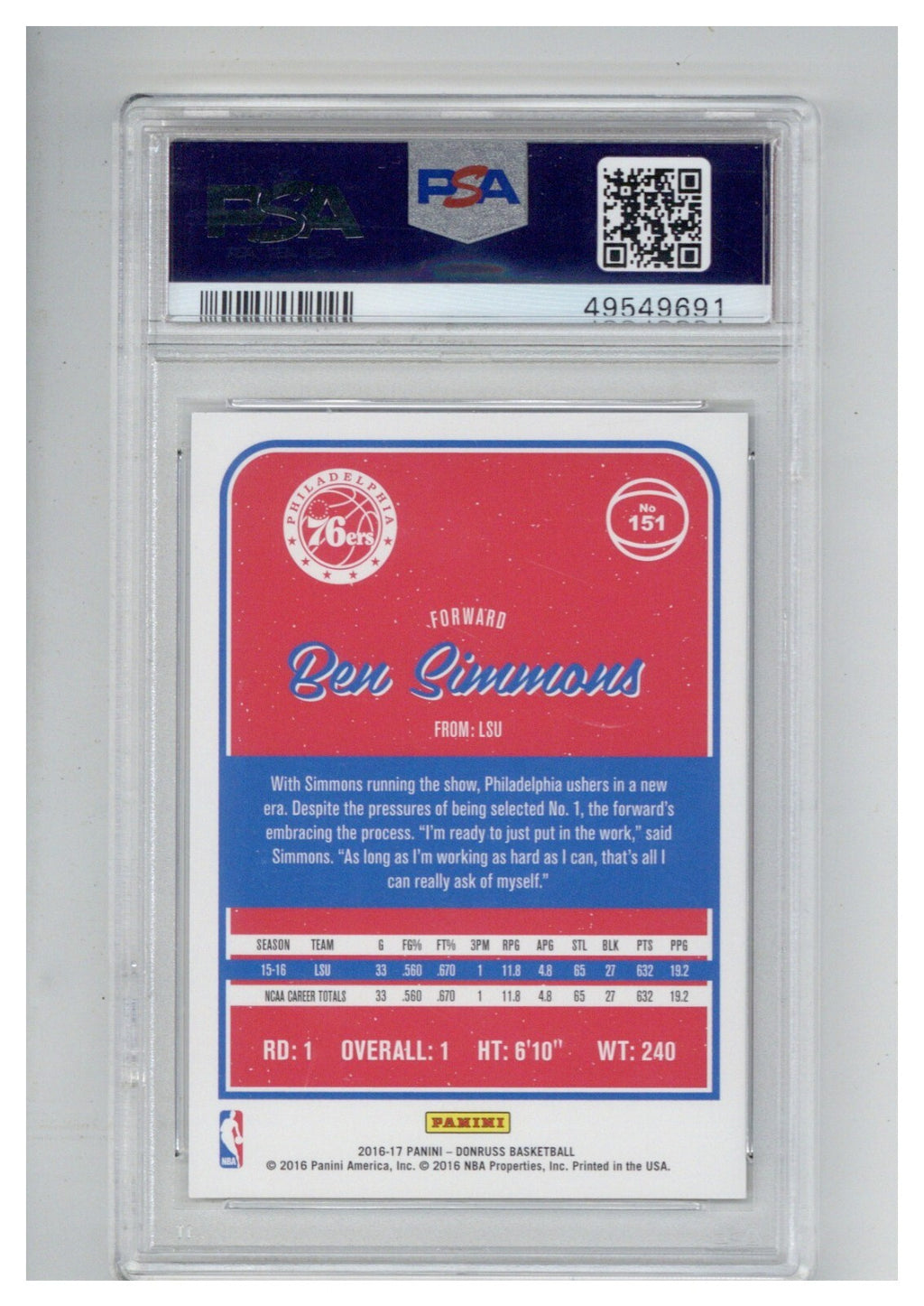 2016 Panini Donruss Ben Simmons PSA 91