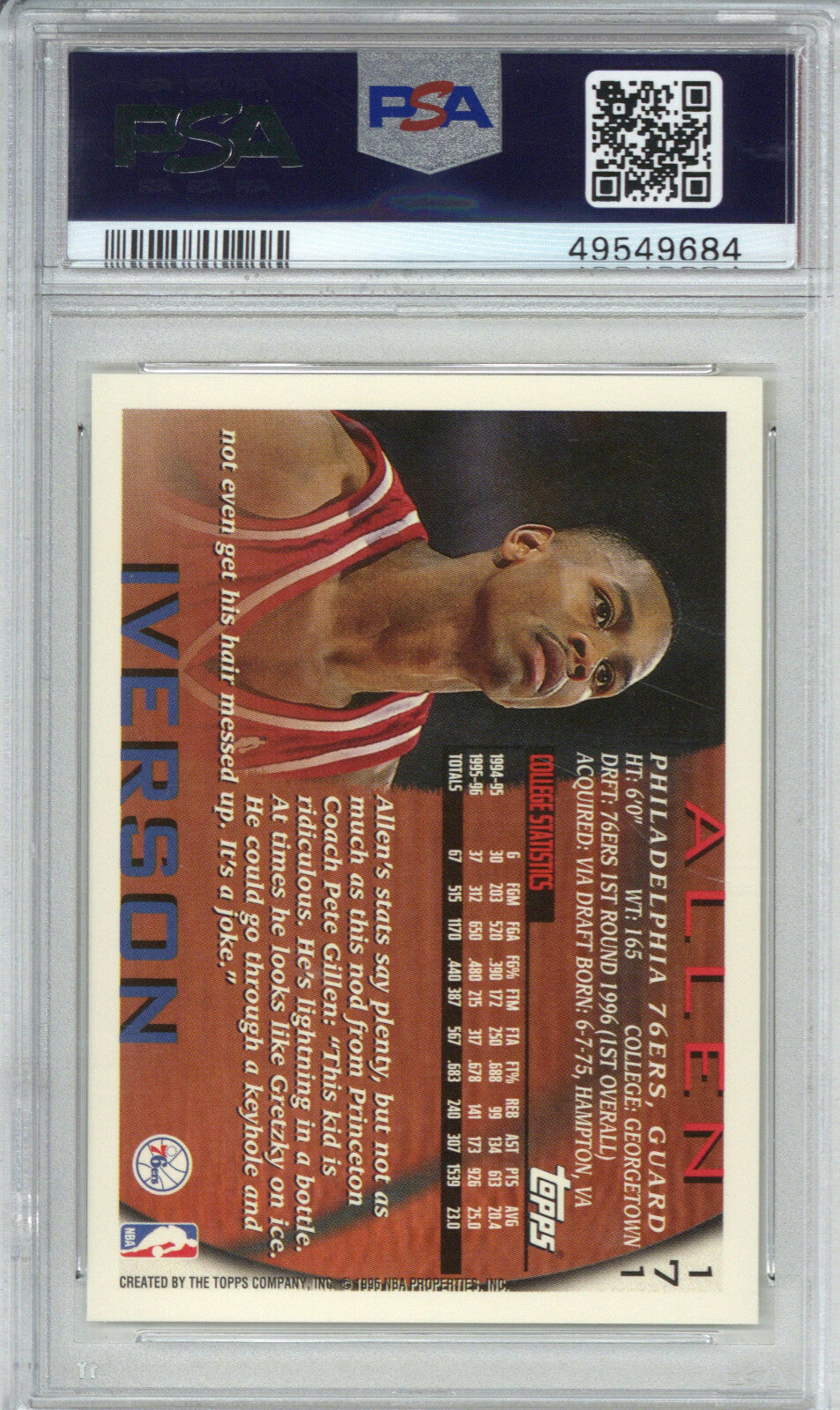 1996 Topps 171 Allen Iverson PSA 81