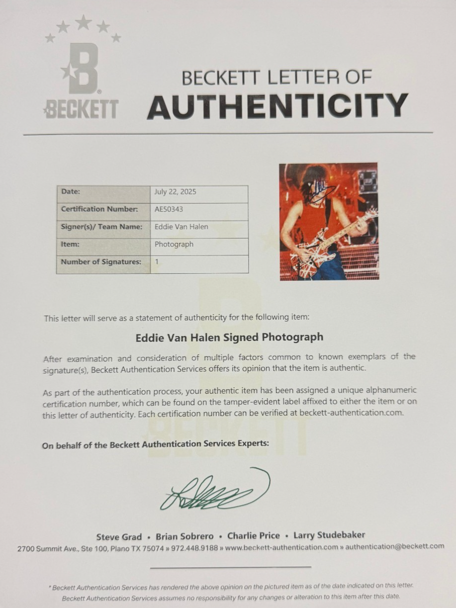 Eddie Van Halen Signed Auto 8x10 Photo On Stage Van Halen Beckett BAS LOA1