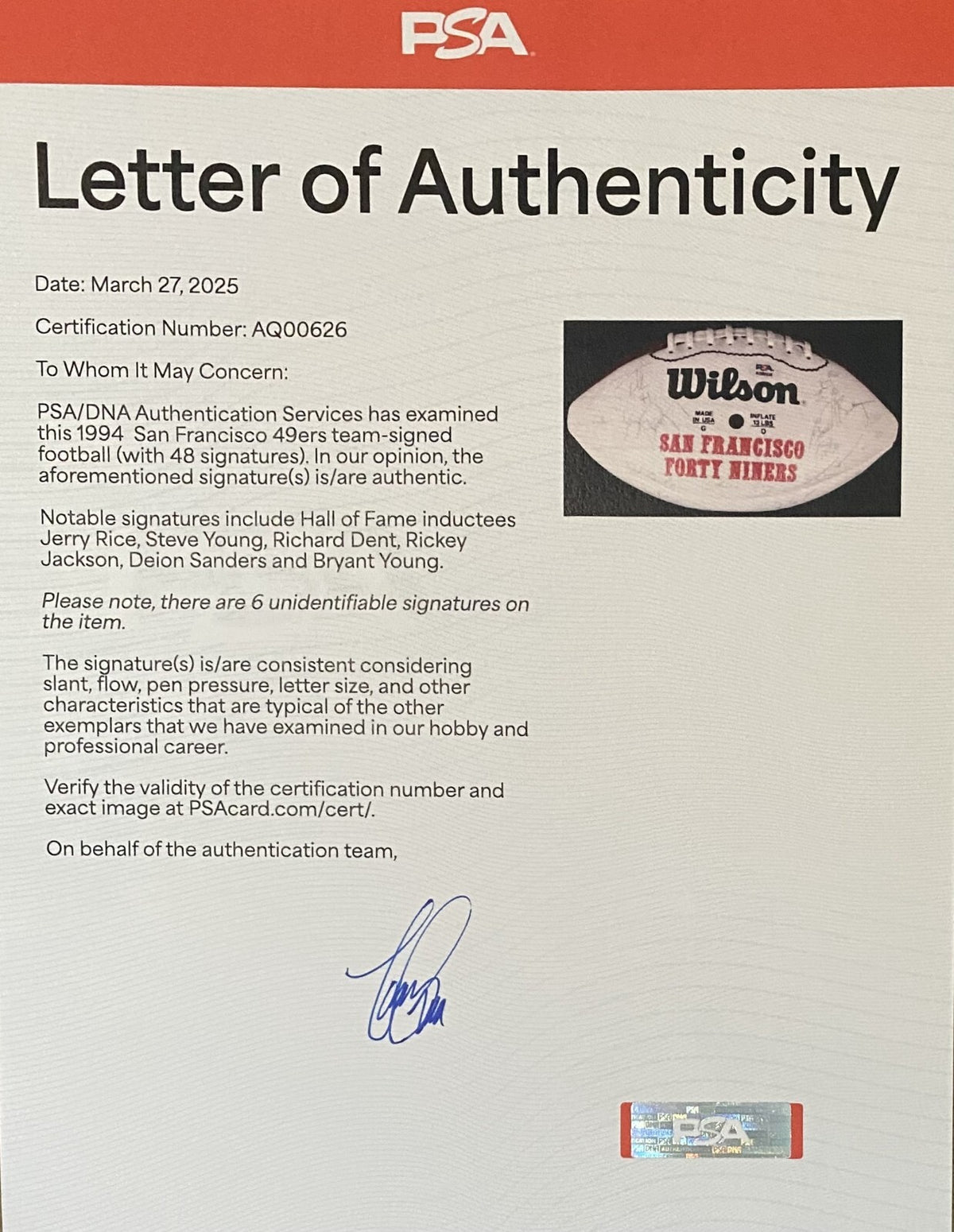 1994 Super Bowl 49ers Team Signed Football Rice Young Sanders Dent +45 PSA/DNA4