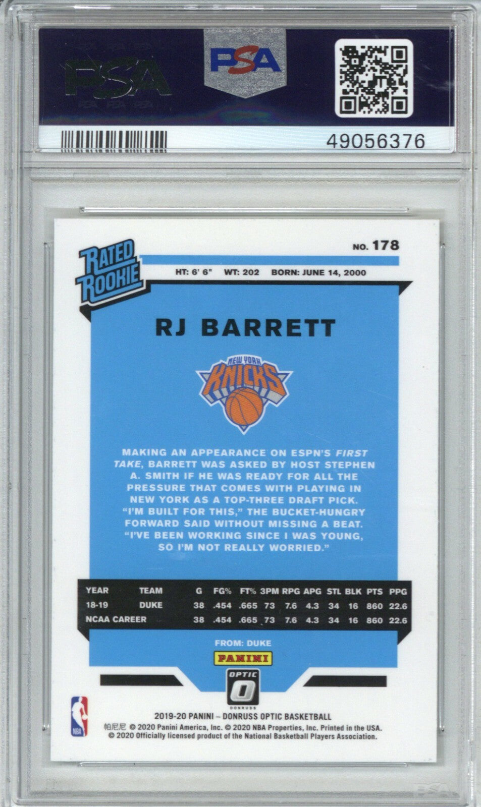 2019 Panini Donruss Optic #178 RJ Barret PSA 81