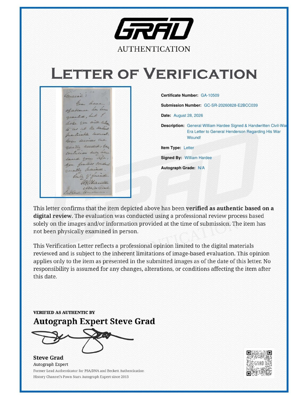 General William Hardee Signed Auto Handwritten Civil War Letter Grad LOA1