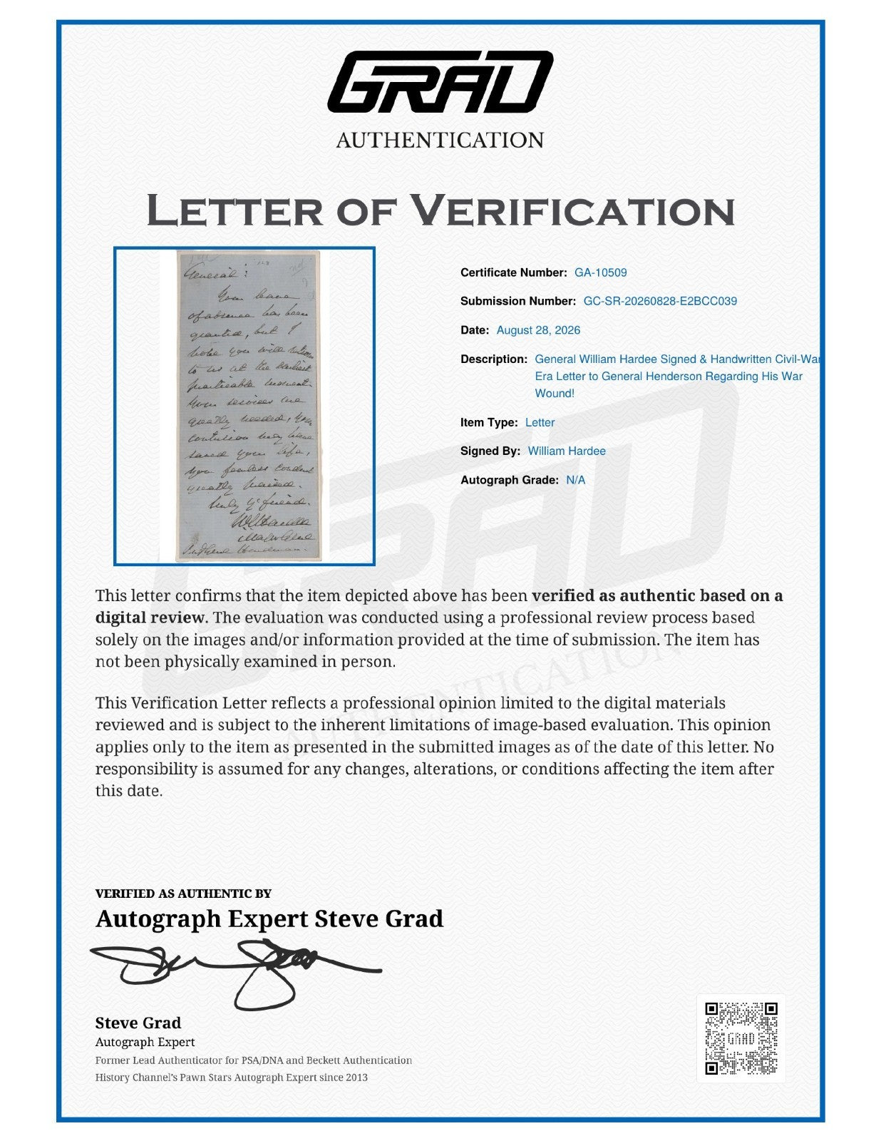 General William Hardee Signed Auto Handwritten Civil War Letter Grad LOA1