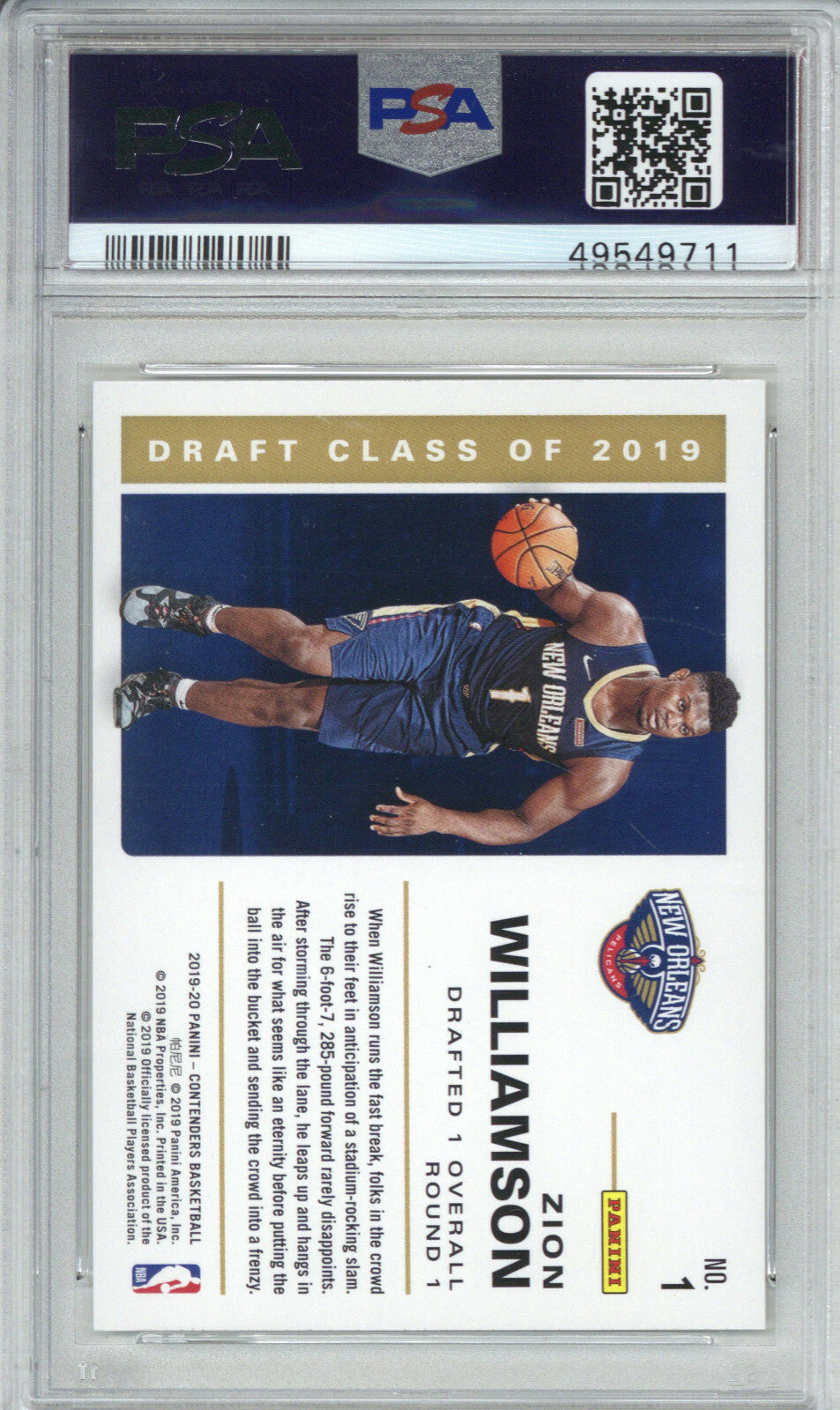 2019 Panini Contenders 2019 Draft Class 1 Zion Williamson PSA 91