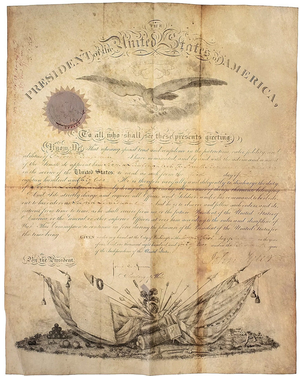 President John Tyler Signed Auto 1842 War Department Appointment GRAD0