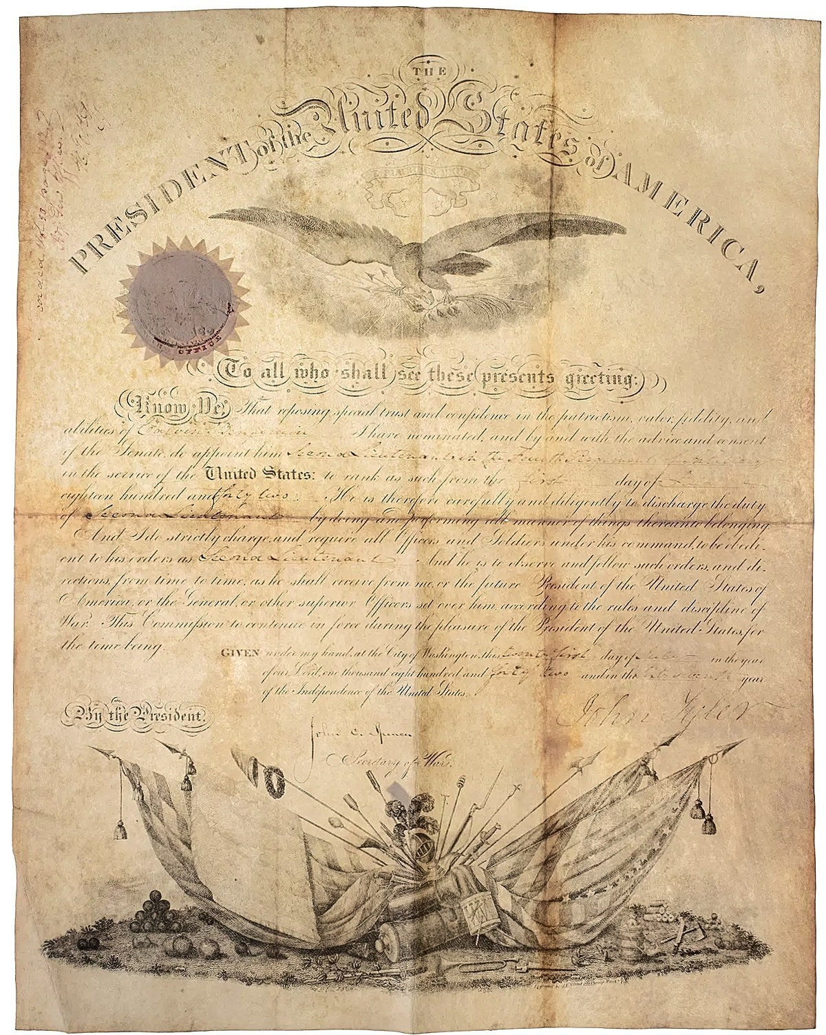 President John Tyler Signed Auto 1842 War Department Appointment GRAD0