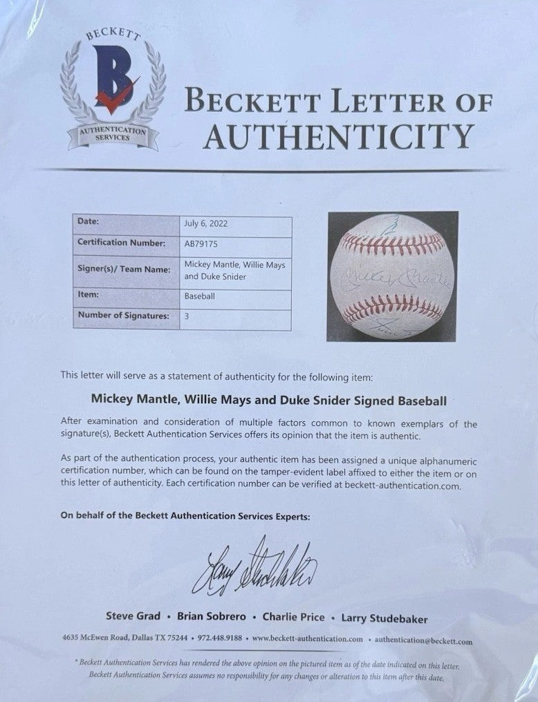 Mickey Mantle Duke Snider Willie Mays Signed Auto OAL Baseball Beckett BAS3