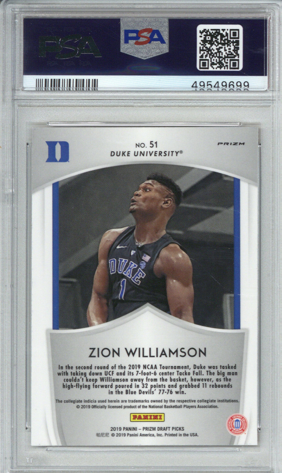 2019 Panini Prizm Draft Picks 51 Zion Williamson Red Prizm PSA 91