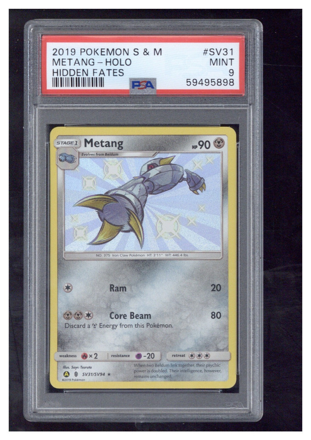 2019 Pokemon Sun & Moon Hidden Fates SV31 Metang Holo PSA 90