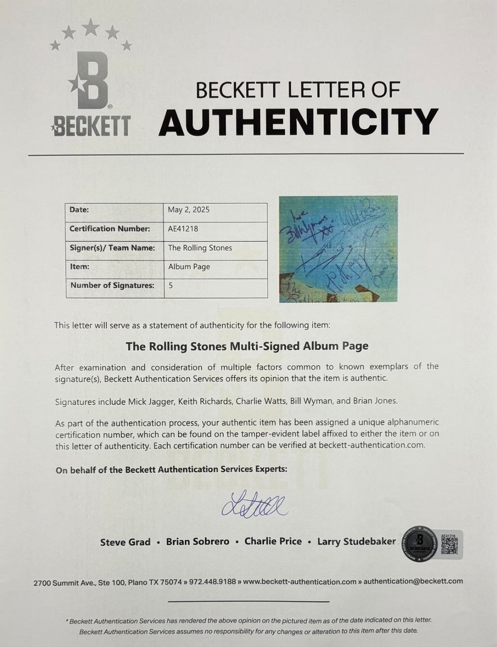 Rolling Stones Signed 4x5 Album Page Jagger Jones Richards +2 Beckett BAS LOA1
