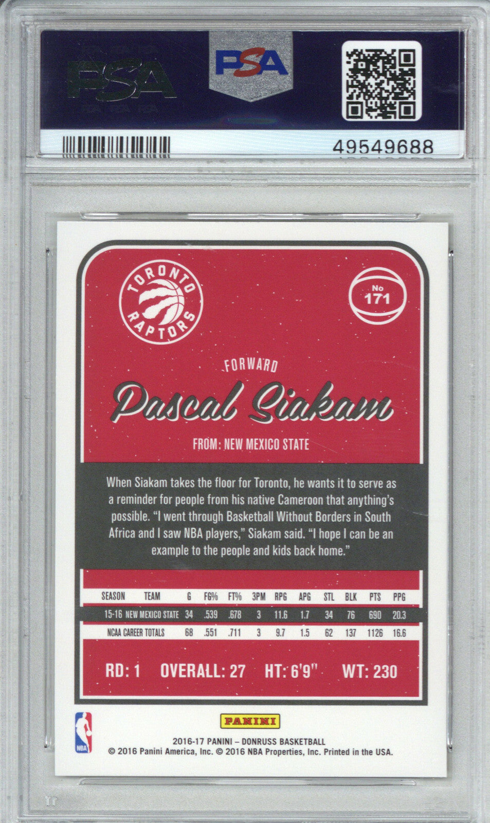 2016 Panini Donruss 171 Pascal Siakam PSA 91